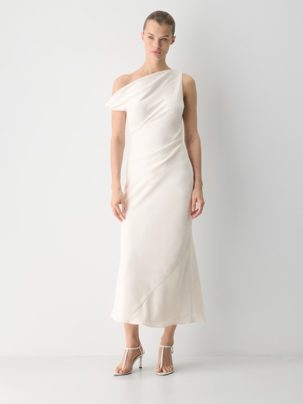 Aritzia Ivory One-Shoulder Satin Midi “Klea” Dress